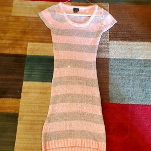 Rue 21  Peach fitted small knit sequence dress. silver and peach stripe